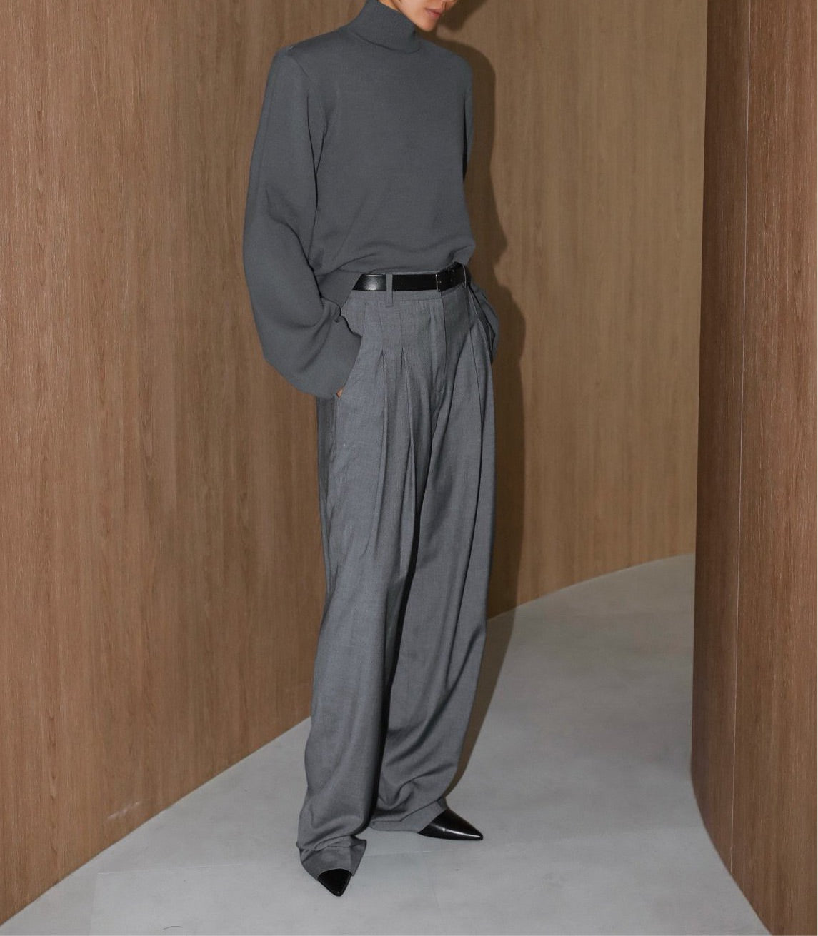 Padded Shoulder Mock Neck Knit Charcoal