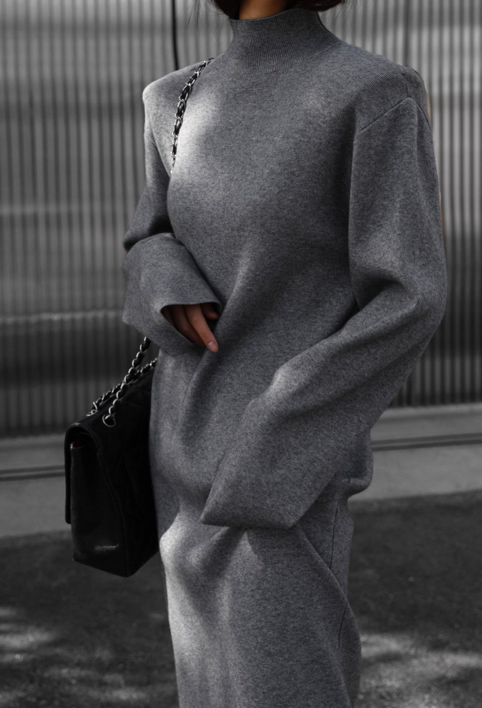 Signature High Neck Wool Slit Dress Graphite