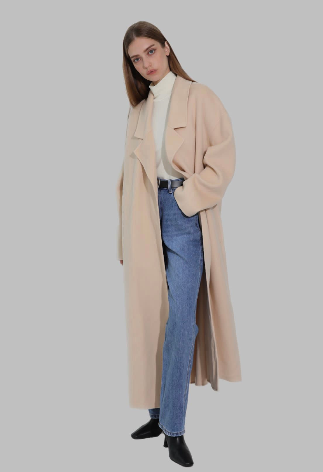 Arin Drop Lapel Double Face Wool Coat Cashew