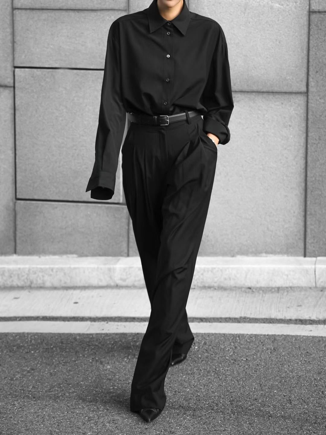 Wide Leg Tencel Wool Blend Pintuck Trousers Black